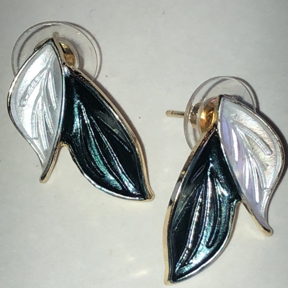Elegant Gold Tone Green Silver Enamel Boho Leaf Earrings